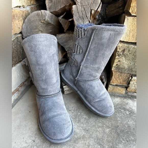 BearPaw winter Clara leather knit pull on buckle strap Grey Fog boots Sz-7. J - Picture 3 of 11